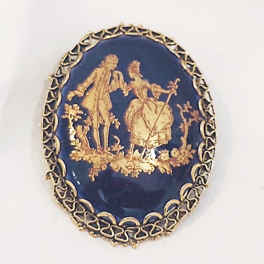 Vintage Limoges Cobalt Blue and Gold Brooch